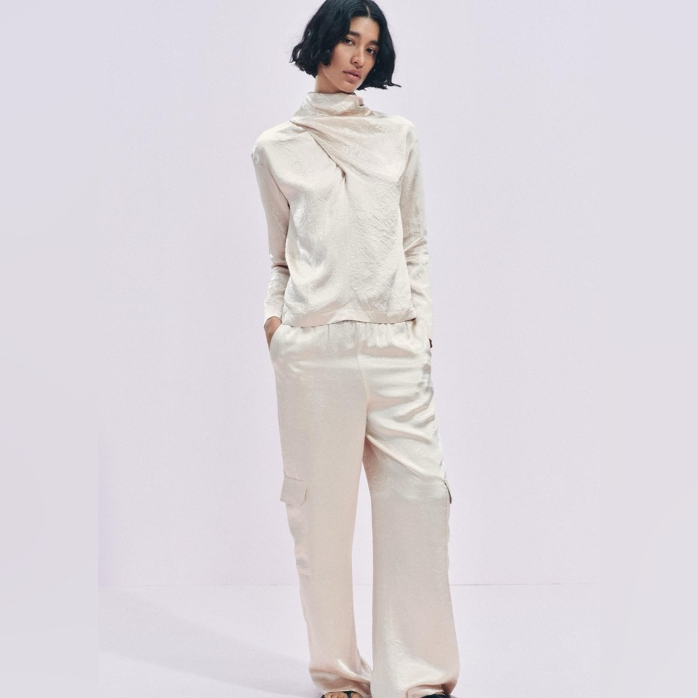 ZARA DRAPED SATIN EFFECT PANTS COLLECTION ELEGANT CREAM TOP SIZE M - Picture 7 of 13